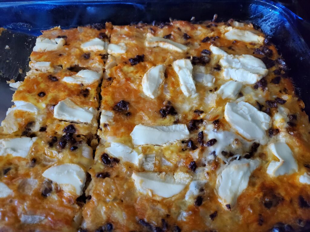 Egg casserole with chorizo sausage and goat cheese