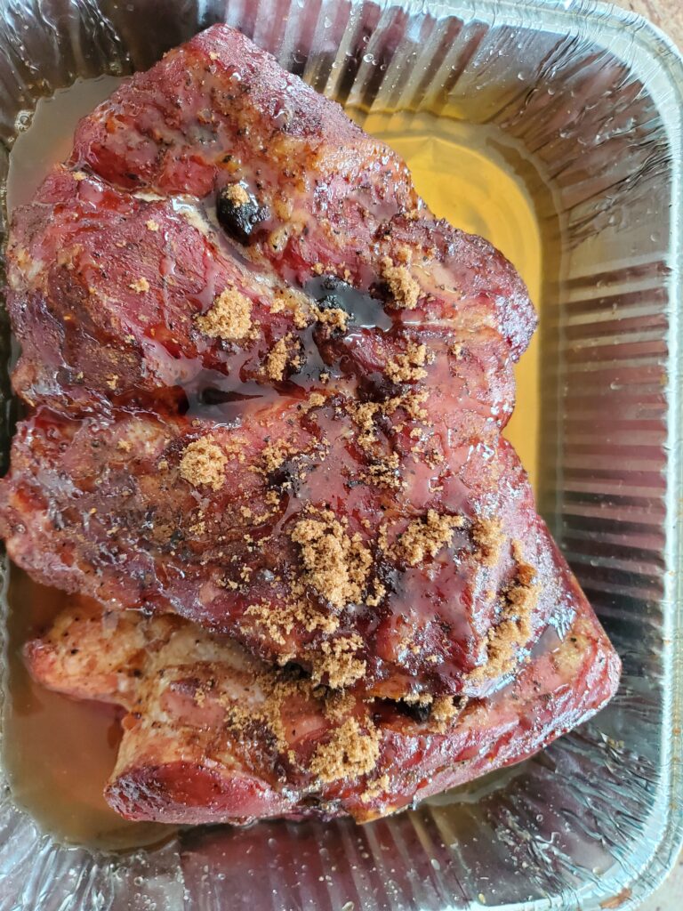 Pork seasoned with honey, brown sugar and apple juice.  Ready to cover.