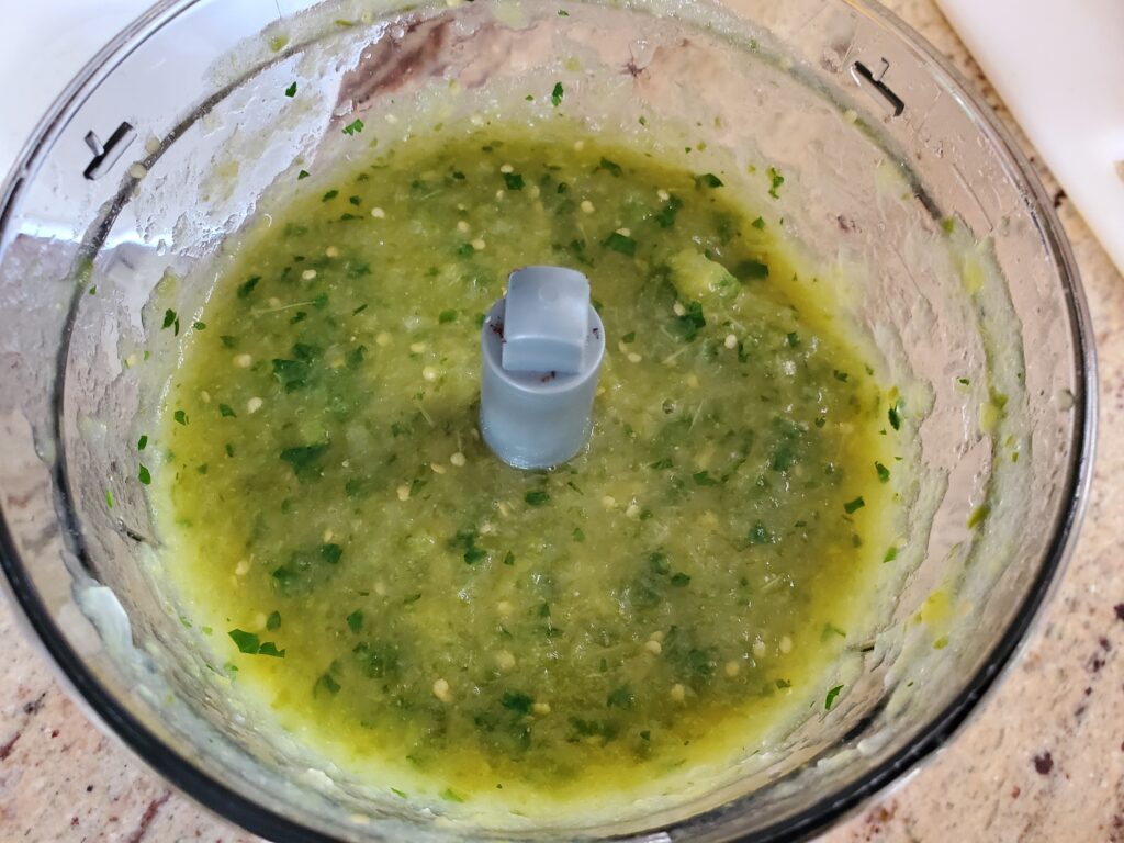 Tomatillo salsa in the food processor