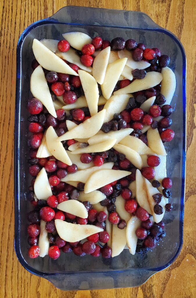 pear cranberry crisp ready for topping